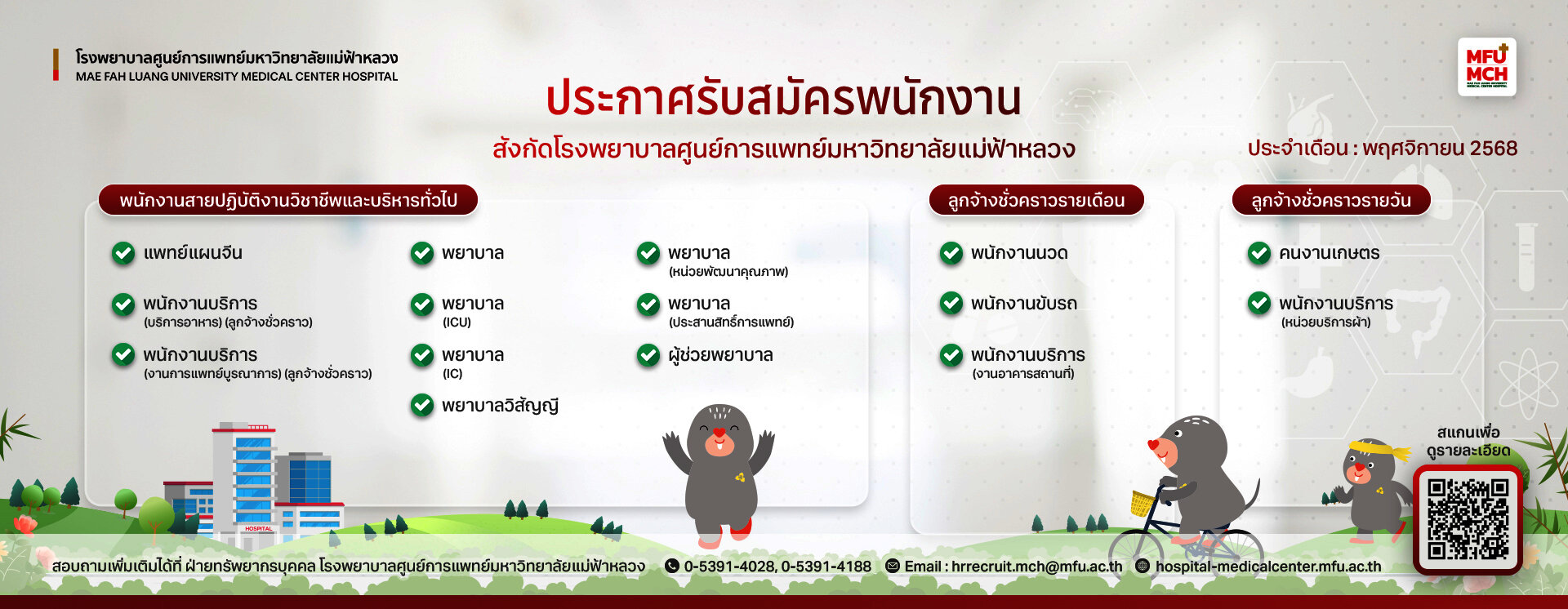 ตำแหน่งงาน สังกัด โรงพยาบาลศูนย์การแพทย์มหาวิทยาลัยแม่ฟ้าหลวง